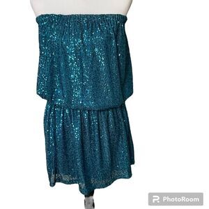 Sofia Women Turquoise Sequin Mini Strapless Dress Drop Waist Blouson One Size T1